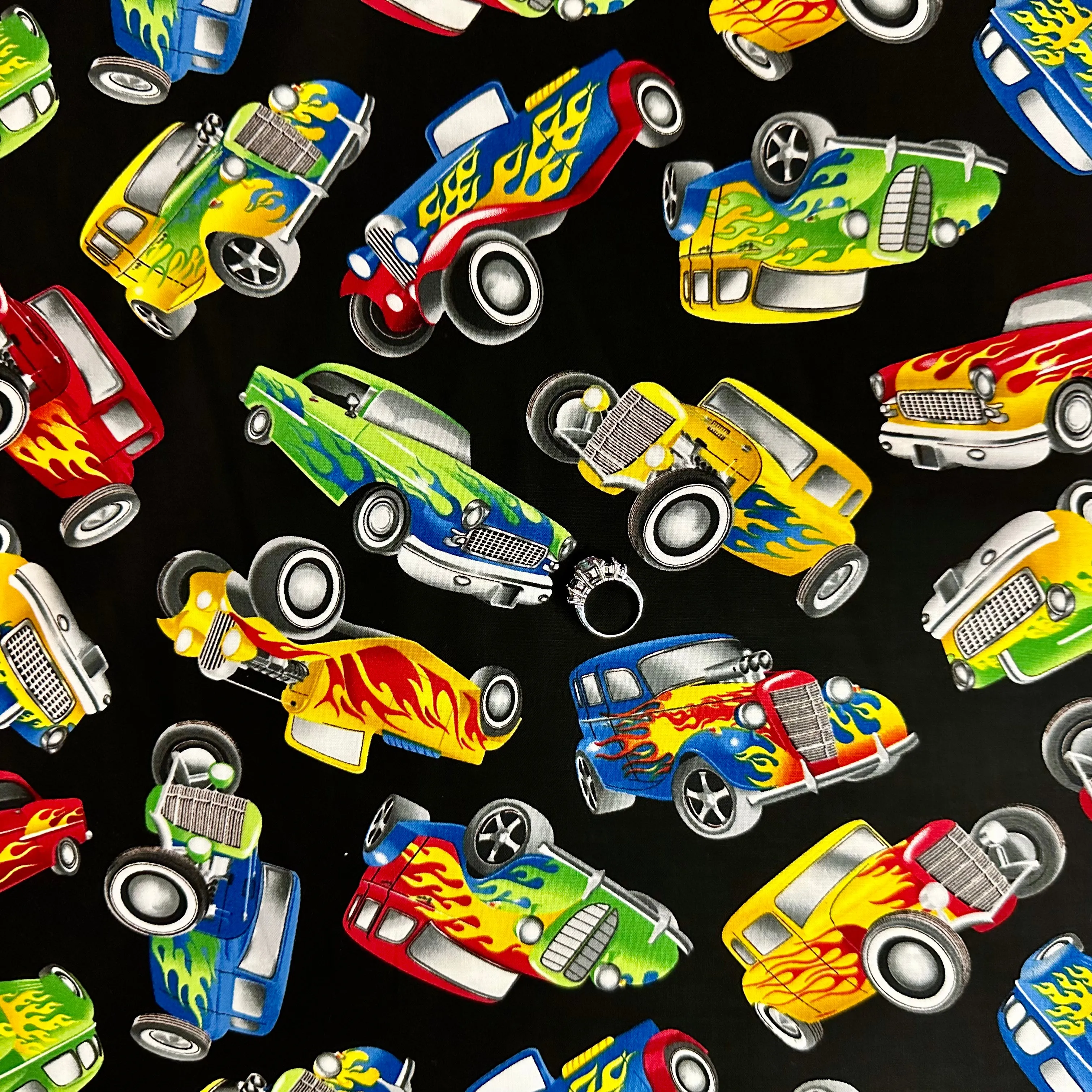 Cotton Fabric BTY Cars Painted Flame Hot Rod Old Antique