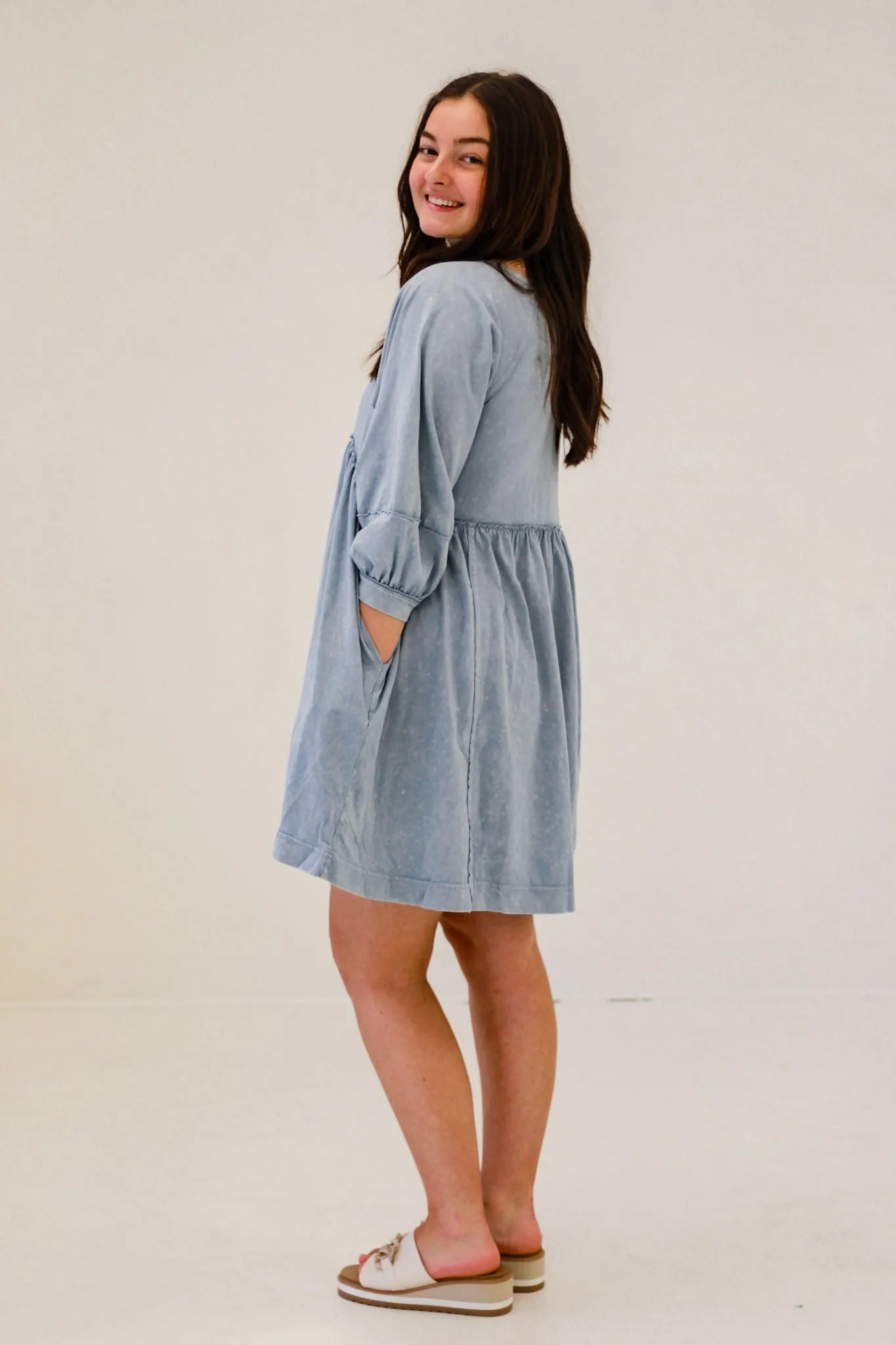 Counting on Spring Babydoll Dress in Dusty Blue