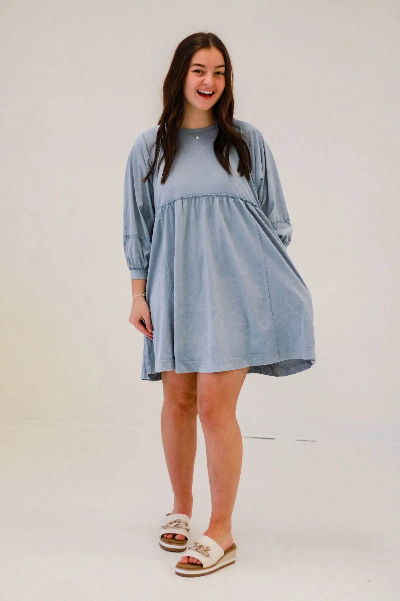 Counting on Spring Babydoll Dress in Dusty Blue