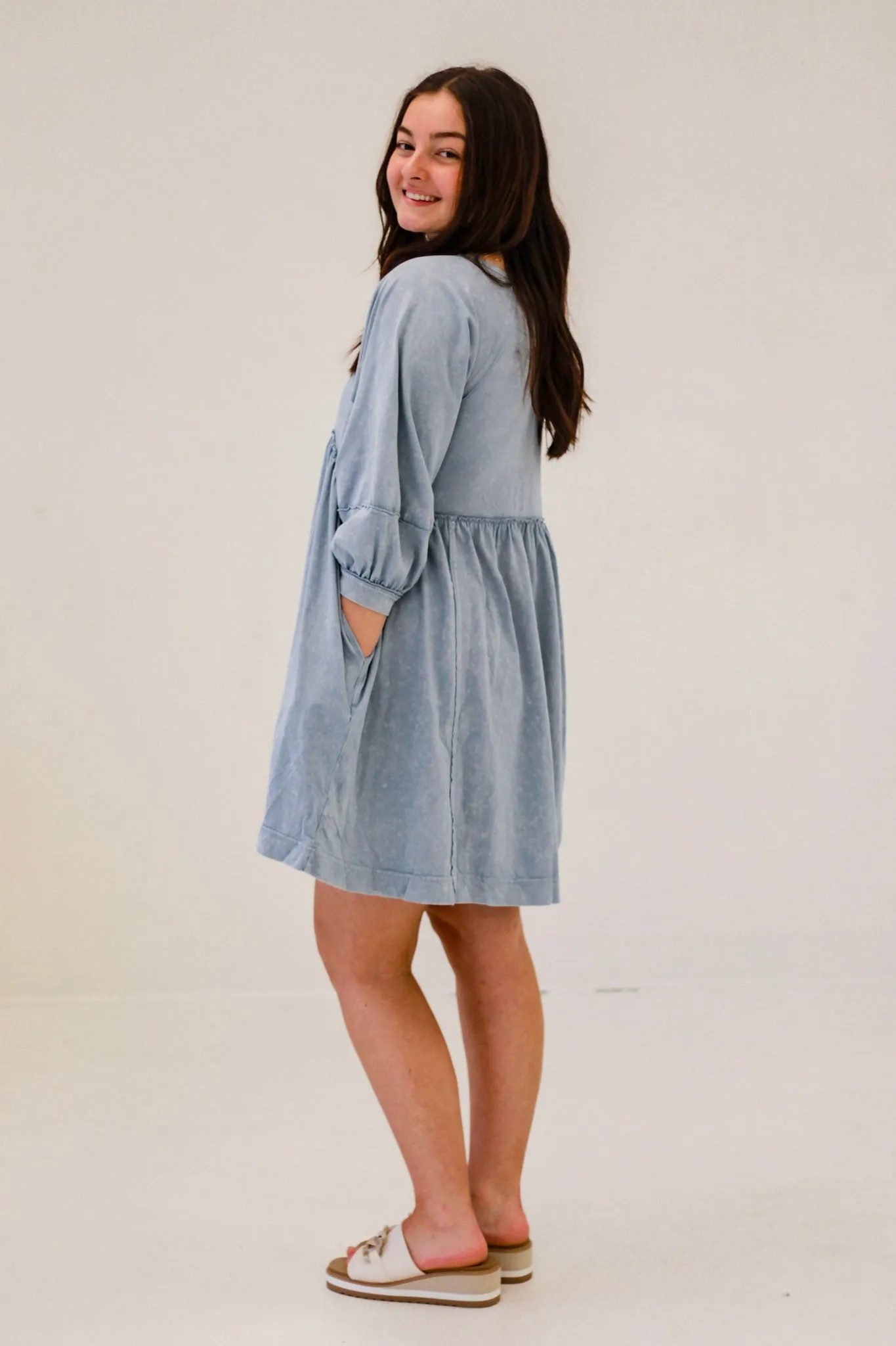 Counting on Spring Babydoll Dress in Dusty Blue