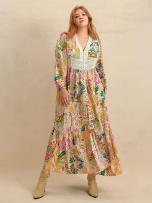 Country Dreams Lace Detail Printed V-Neck Balloon Sleeve Dress in Apricot - Curvy