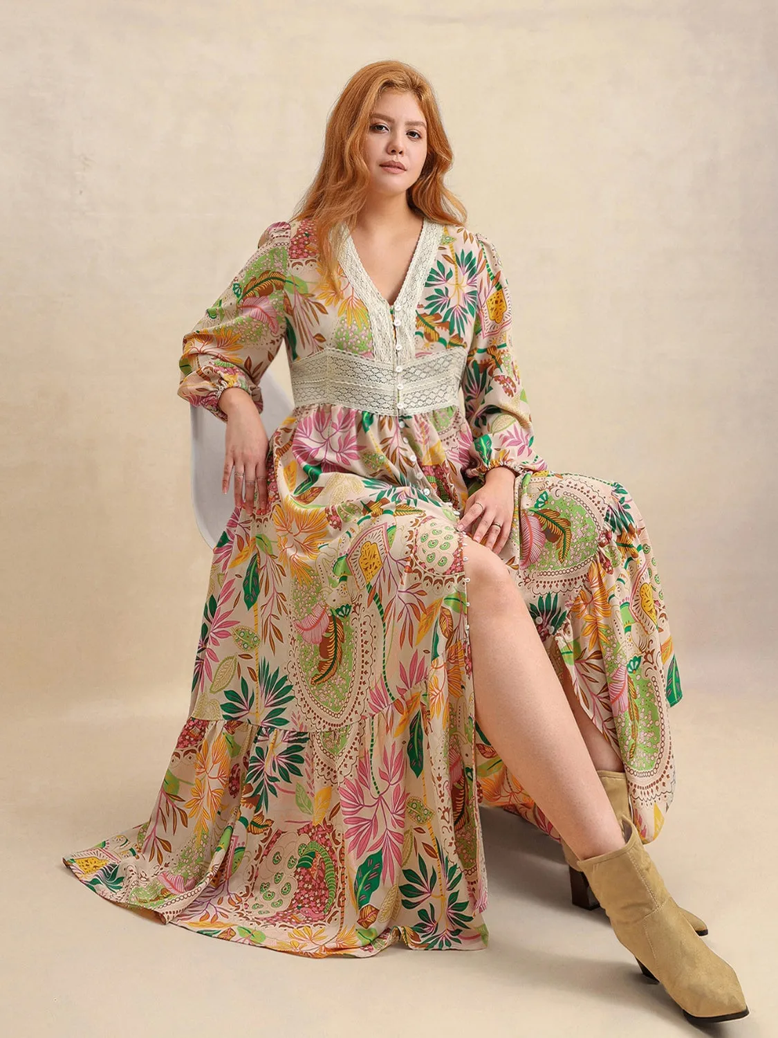 Country Dreams Lace Detail Printed V-Neck Balloon Sleeve Dress in Apricot - Curvy