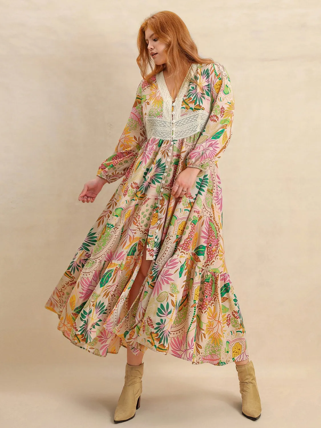Country Dreams Lace Detail Printed V-Neck Balloon Sleeve Dress in Apricot - Curvy