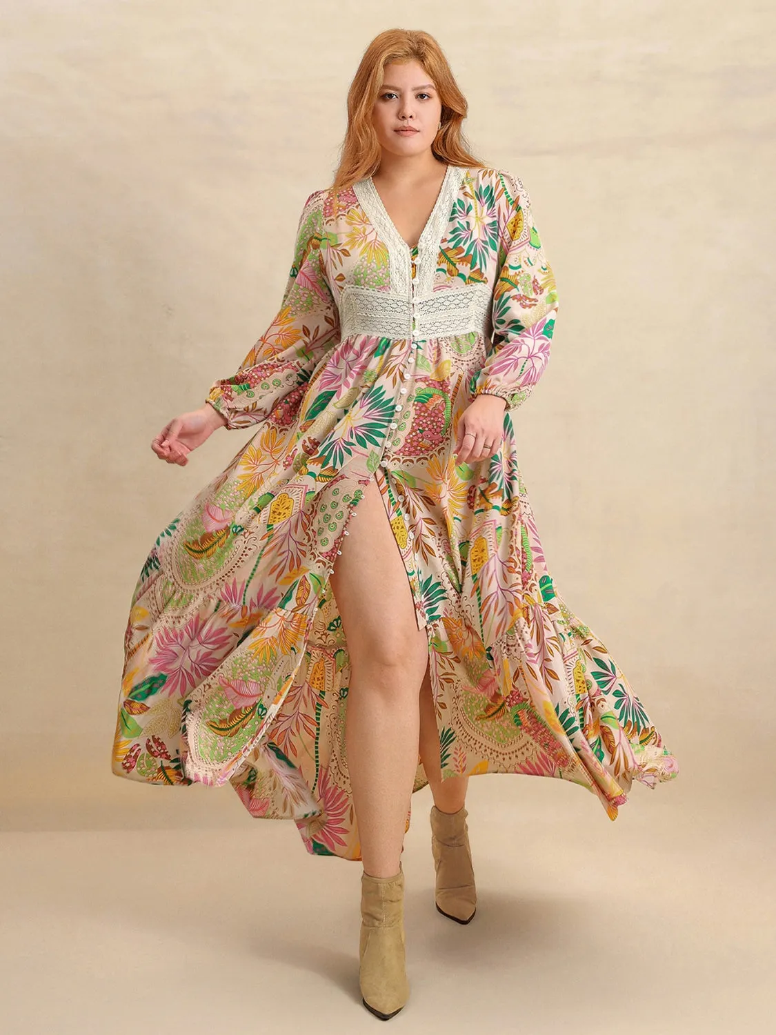 Country Dreams Lace Detail Printed V-Neck Balloon Sleeve Dress in Apricot - Curvy
