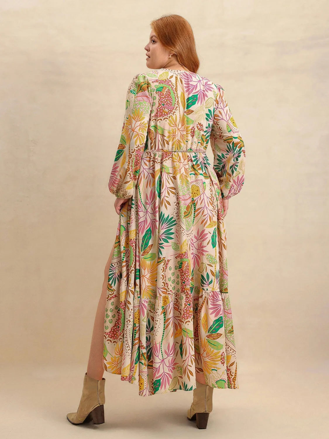 Country Dreams Lace Detail Printed V-Neck Balloon Sleeve Dress in Apricot - Curvy