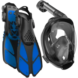 COZIA DESIGN Snorkeling Gear for Adults with Fins - Full Face Snorkel Mask and Swim Fins, 180° Panoramic View Snorkel Mask, Anti Fog and Anti Leak Adult Snorkel Set (Black)