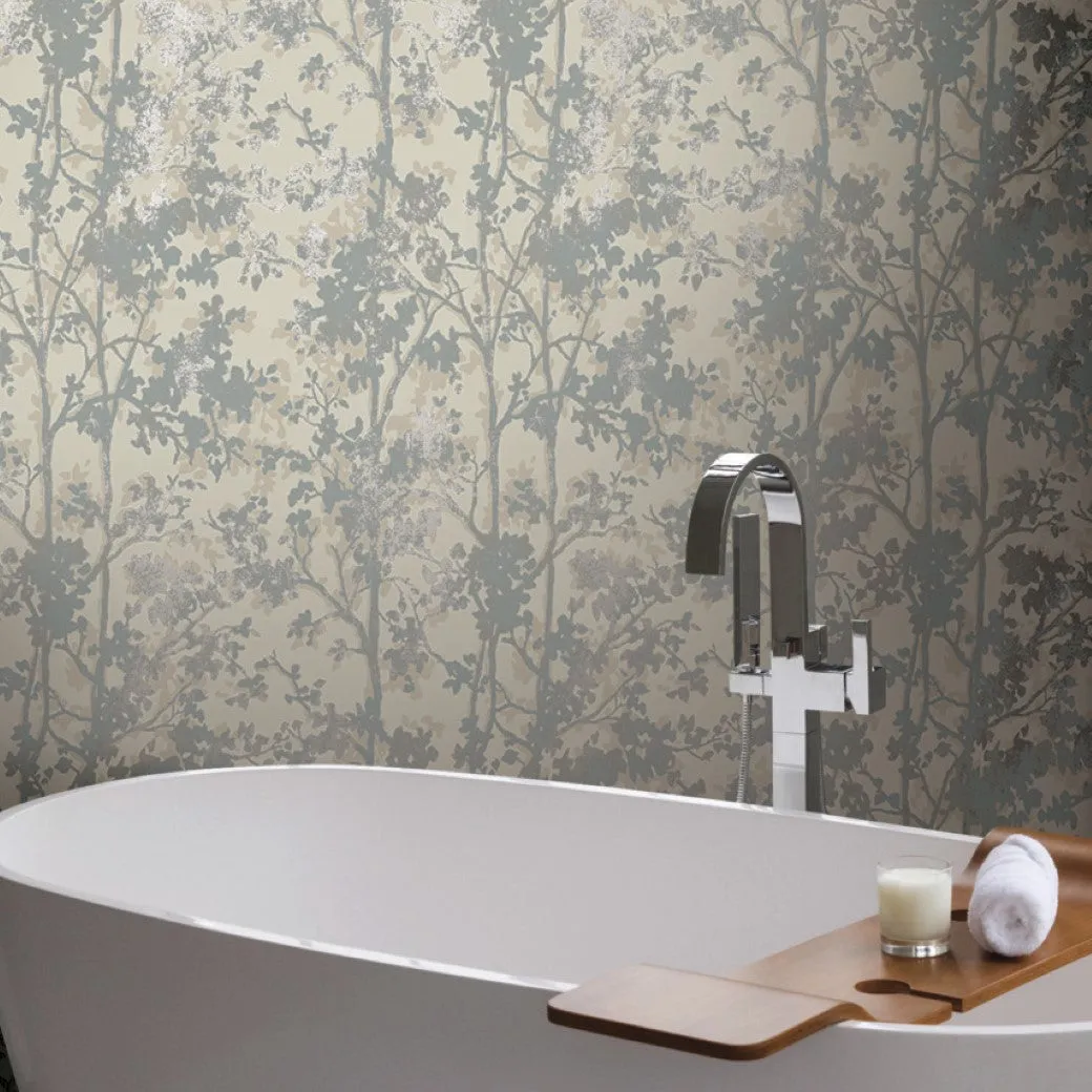 Cream & Silver Shimmering Foliage Wallpaper (57 SqFt)