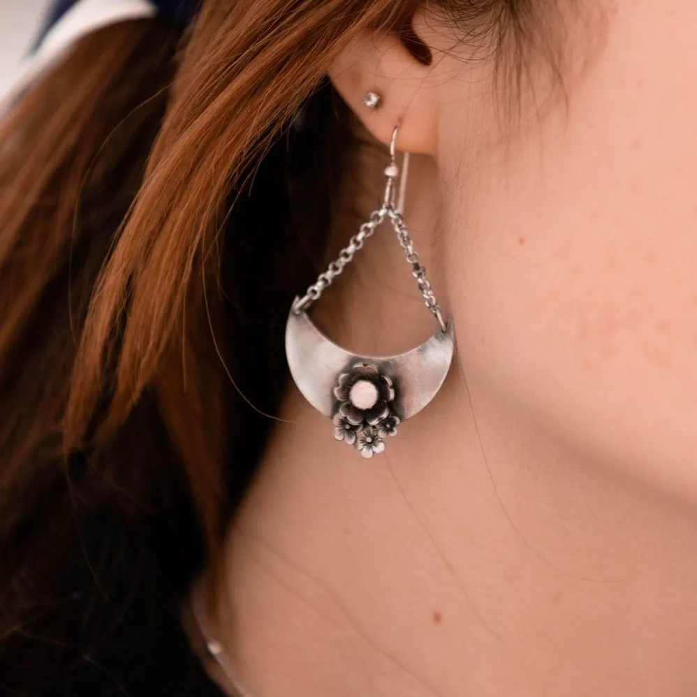 Crescent Moon Flower Earrings with Rose Quartz