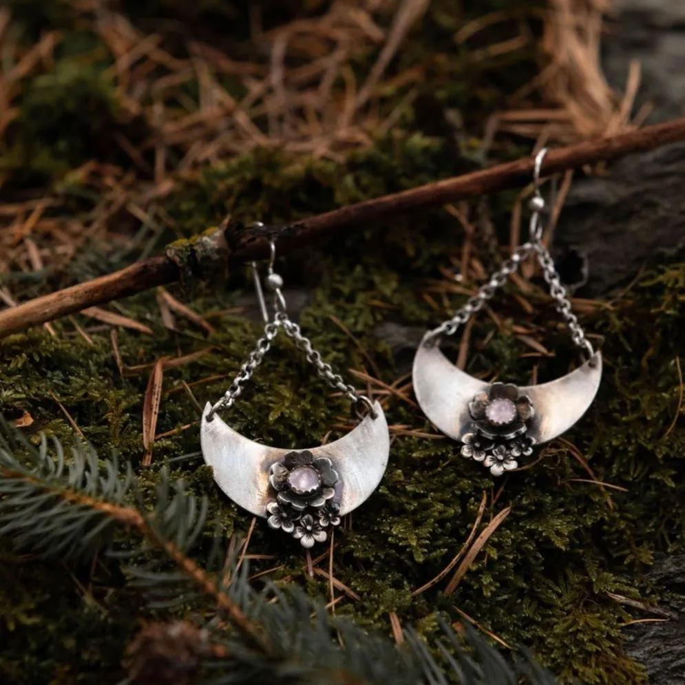 Crescent Moon Flower Earrings with Rose Quartz