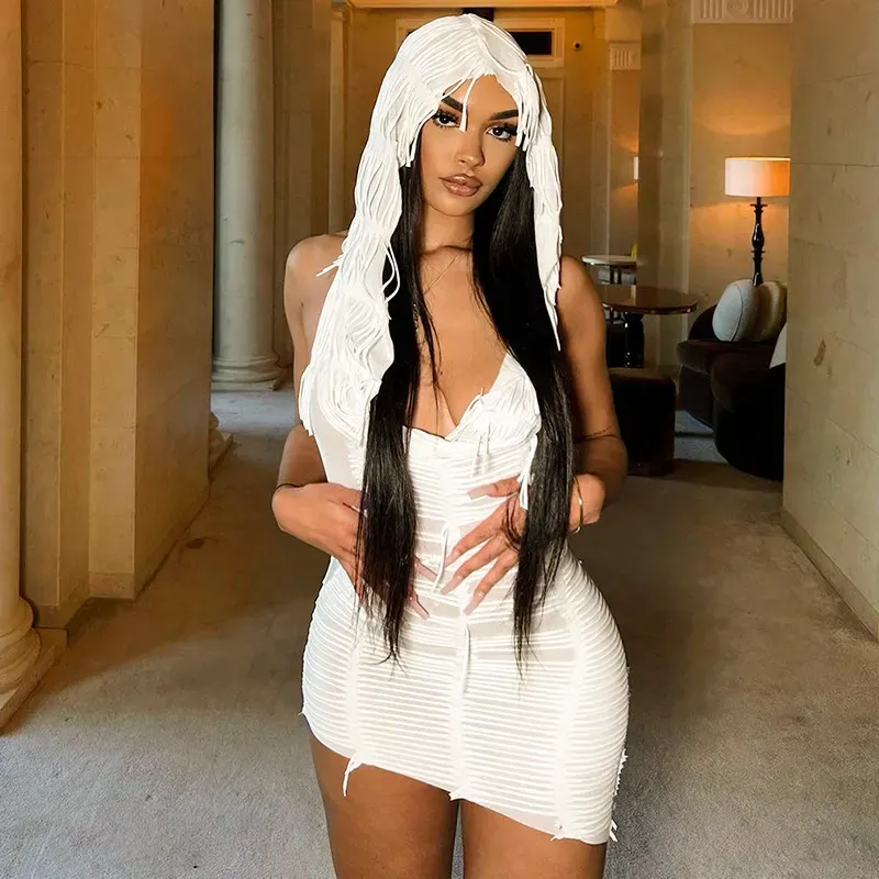 Cressida Hooded Open-Back Sheer Mesh Mini Dress