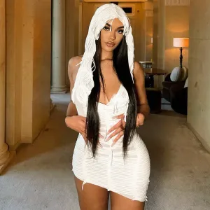 Cressida Hooded Open-Back Sheer Mesh Mini Dress