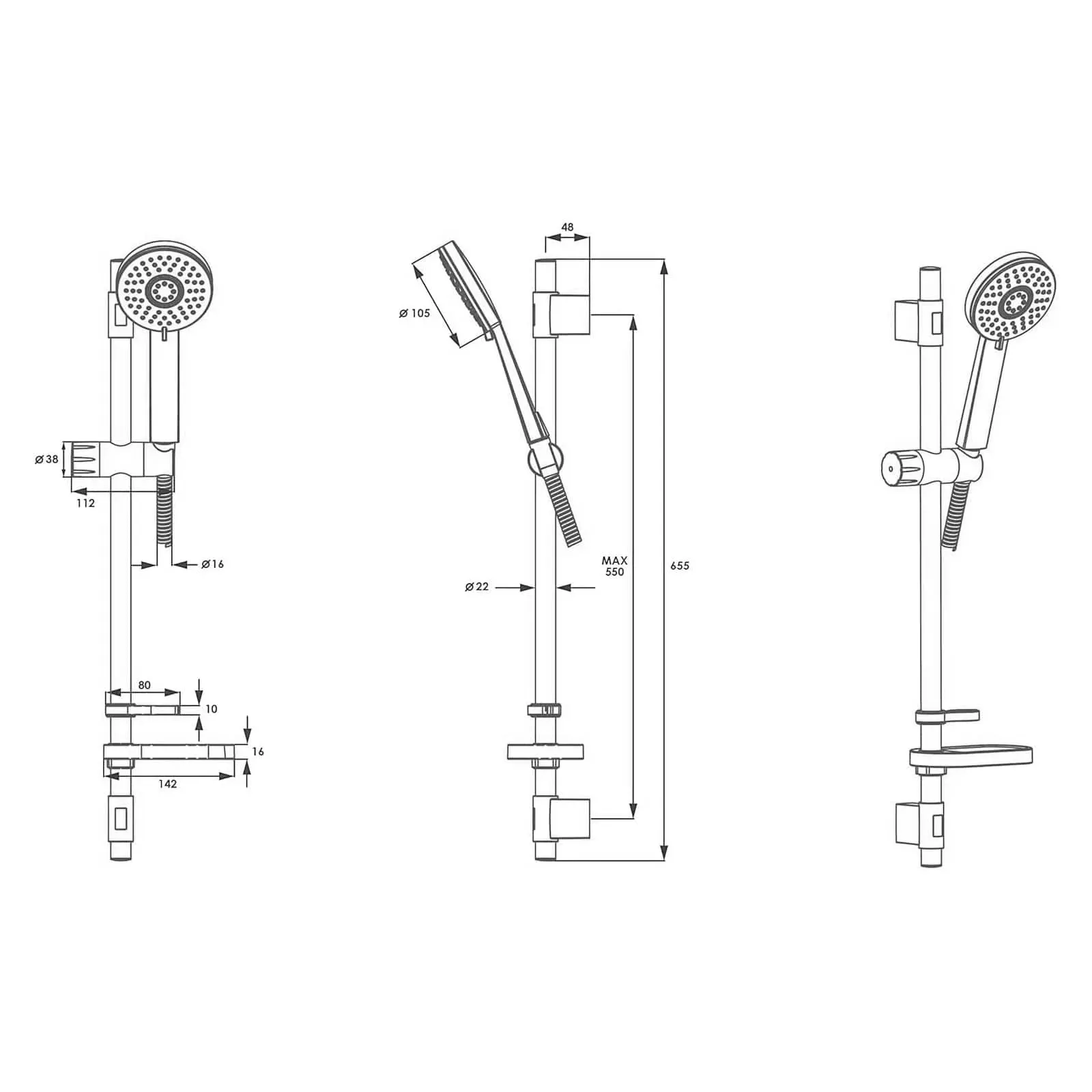 Croydex Matrix Shower Riser Rail Set with Adjustable 5 Pattern Spray Head & 1.5m Stainless Steel Hose