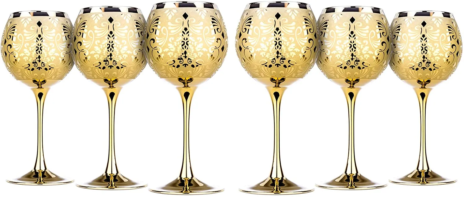Crystal Glass Wine Steam Glasses Gold Goblets ' Liberty' 6-pc Hand Blow