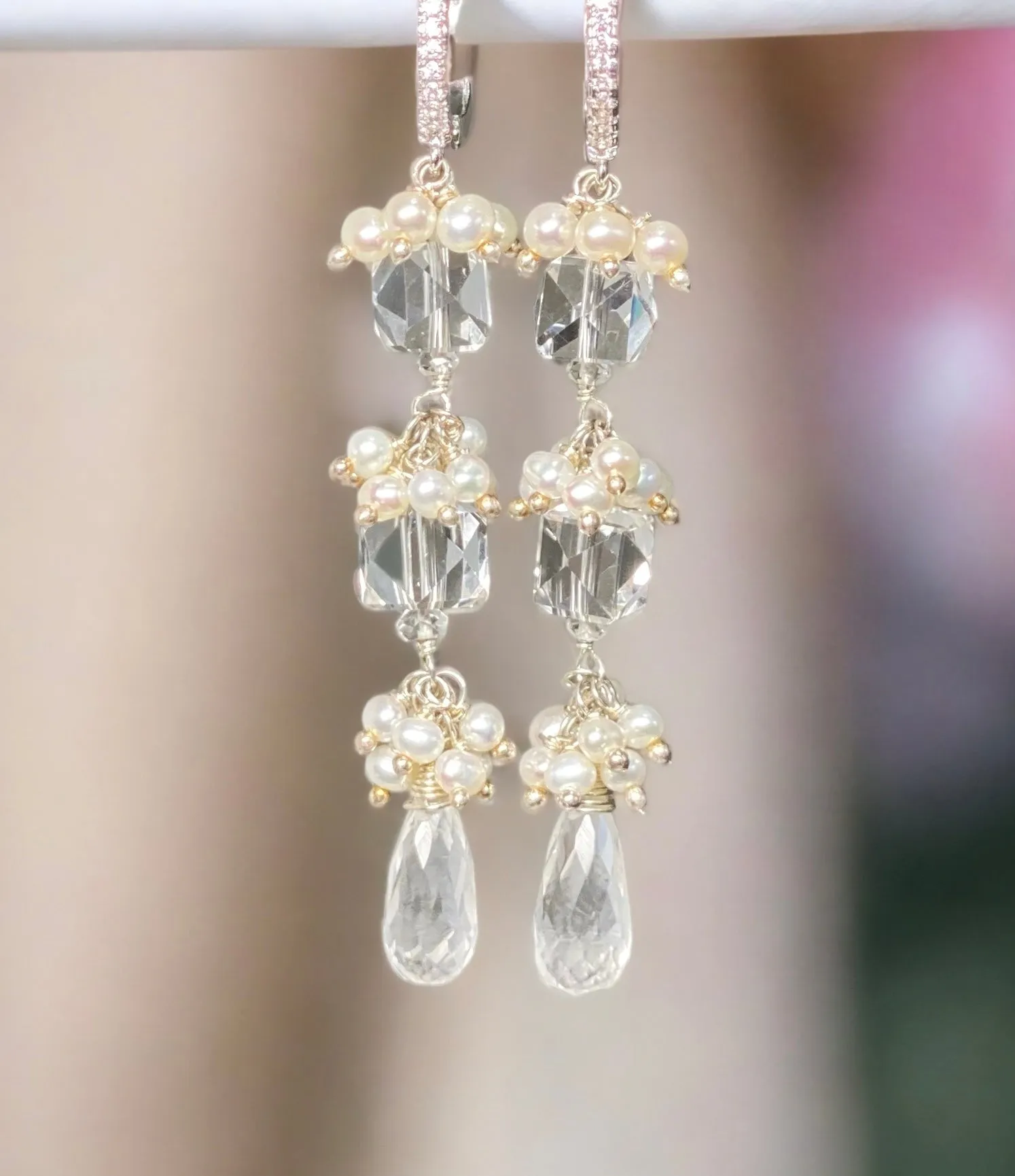 Crystal Quartz Long Wedding Earrings Sterling Silver