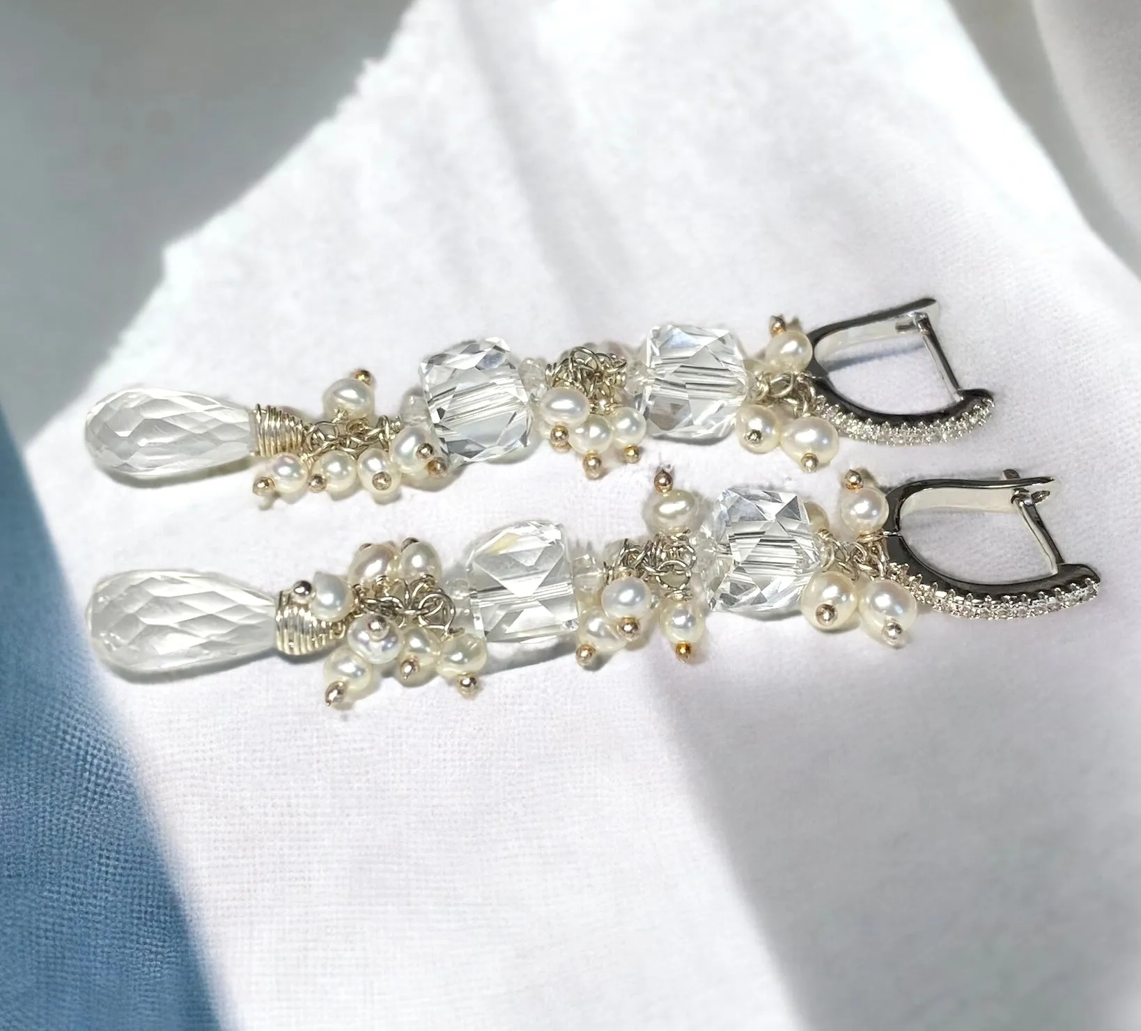 Crystal Quartz Long Wedding Earrings Sterling Silver