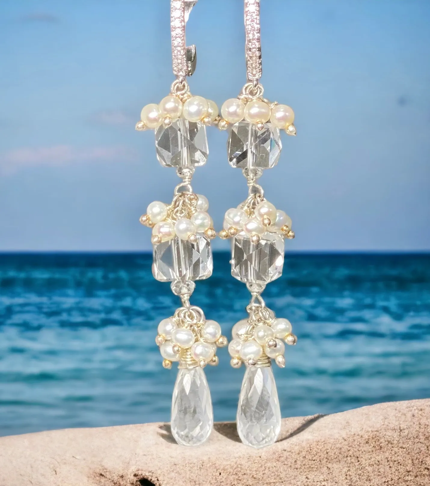 Crystal Quartz Long Wedding Earrings Sterling Silver