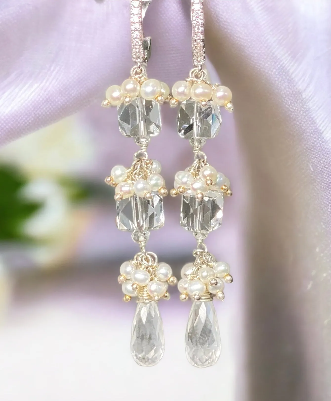 Crystal Quartz Long Wedding Earrings Sterling Silver