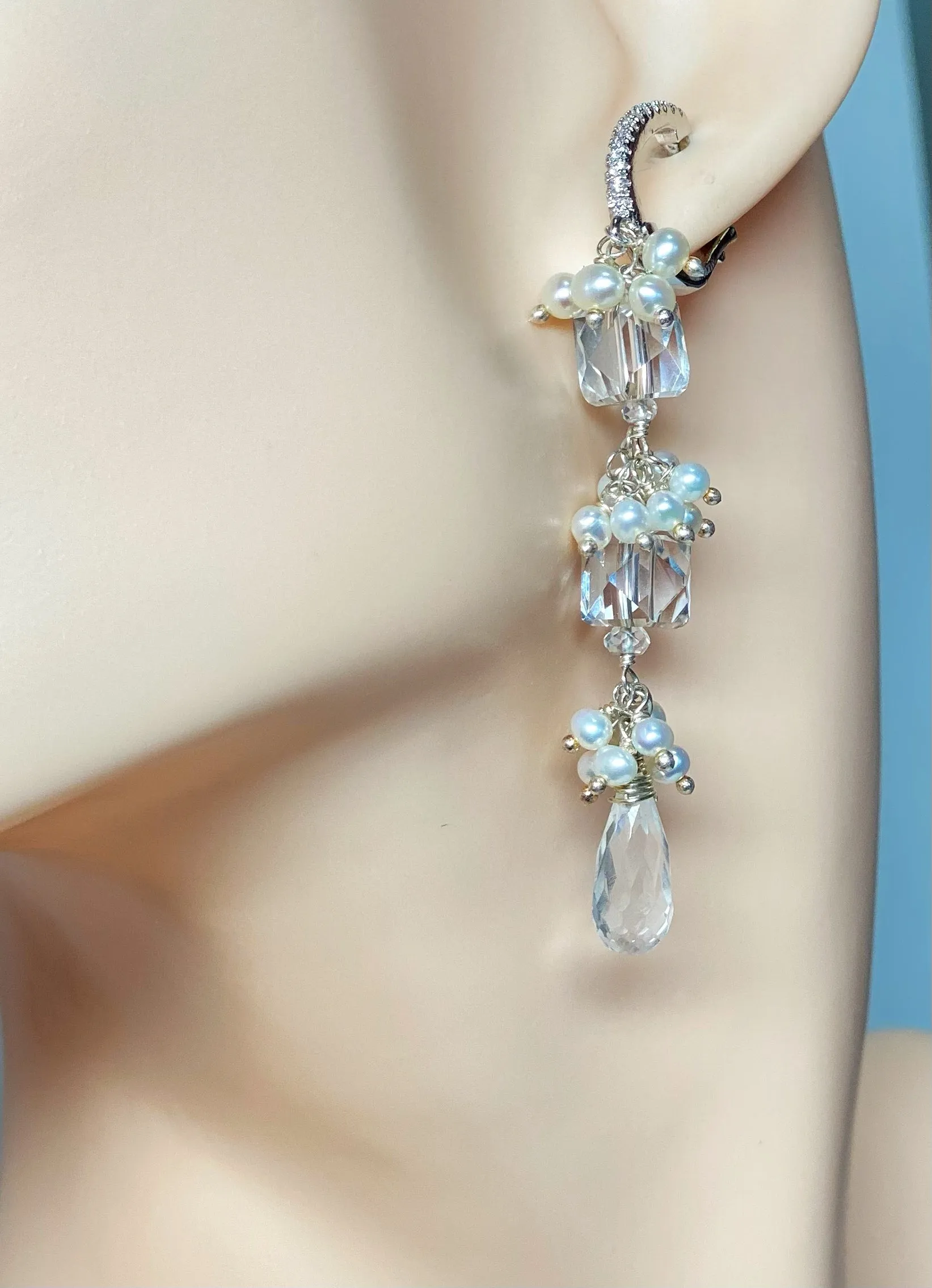Crystal Quartz Long Wedding Earrings Sterling Silver