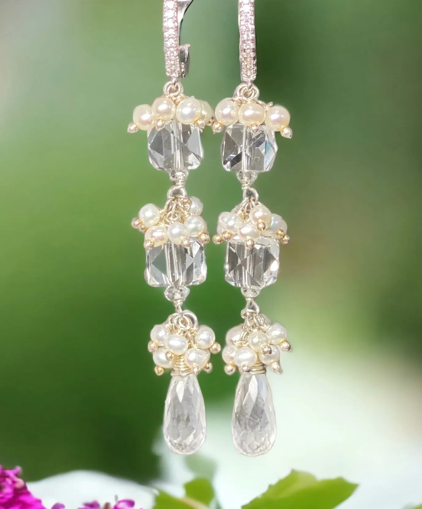 Crystal Quartz Long Wedding Earrings Sterling Silver