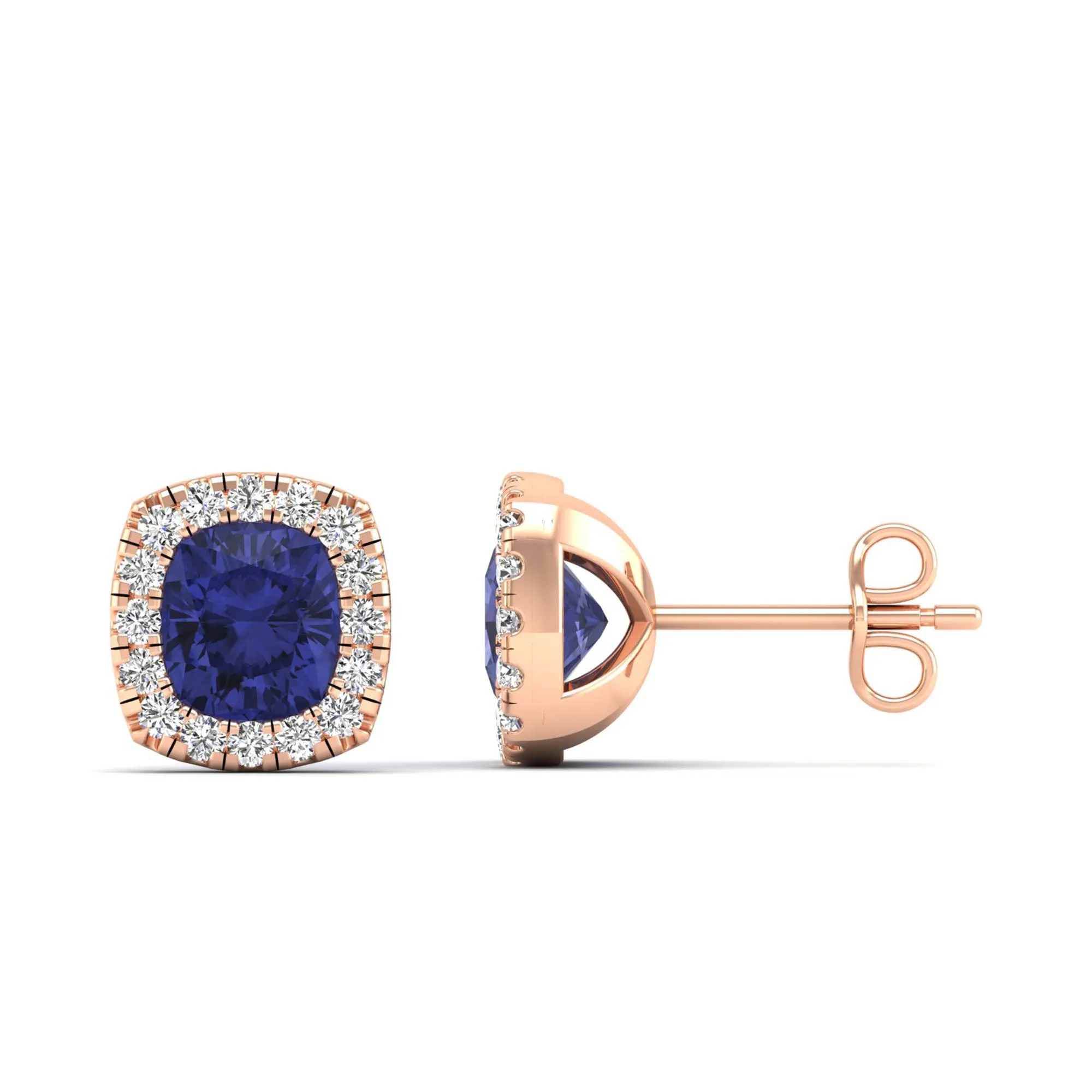 Cushion Tanzanite with Halo Diamond Stud Earrings