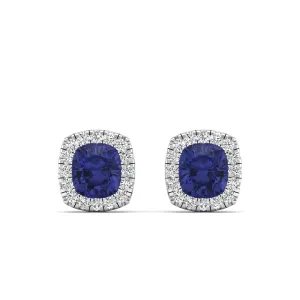 Cushion Tanzanite with Halo Diamond Stud Earrings