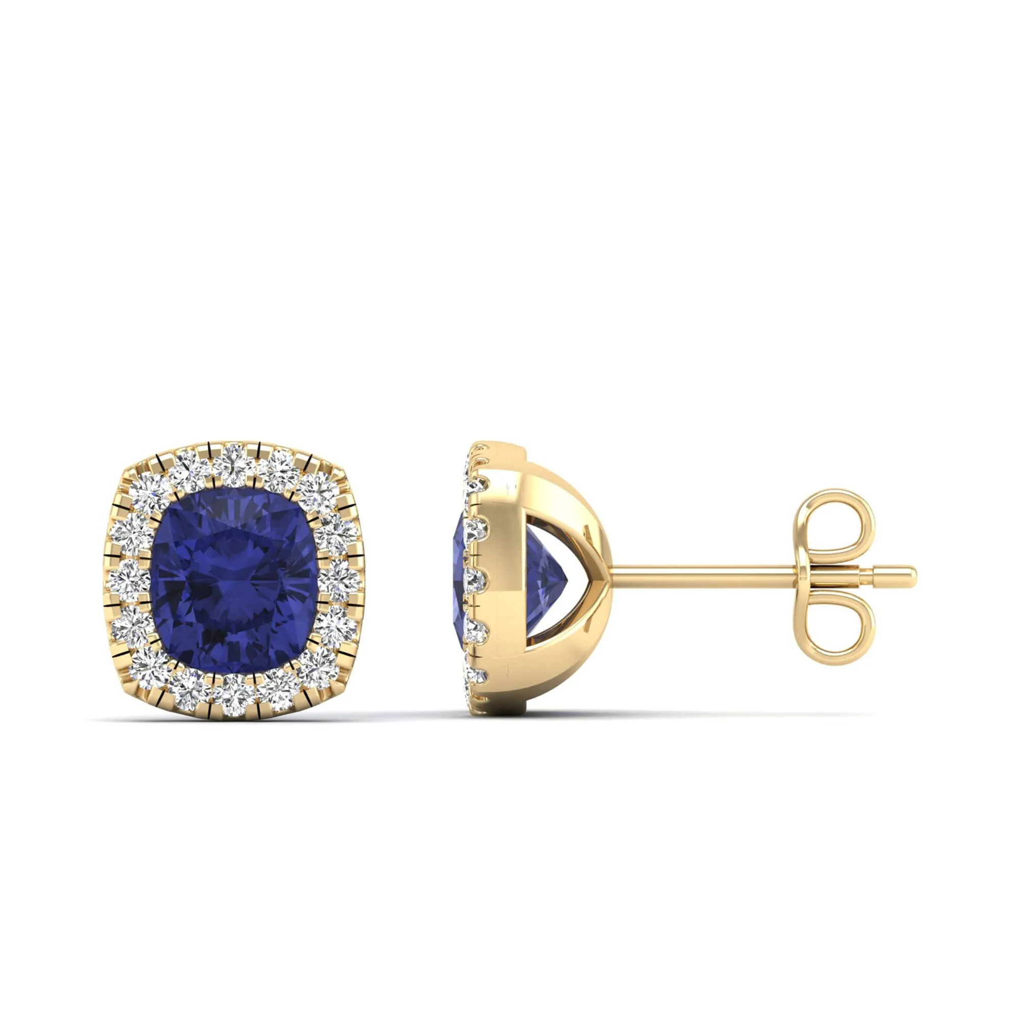 Cushion Tanzanite with Halo Diamond Stud Earrings