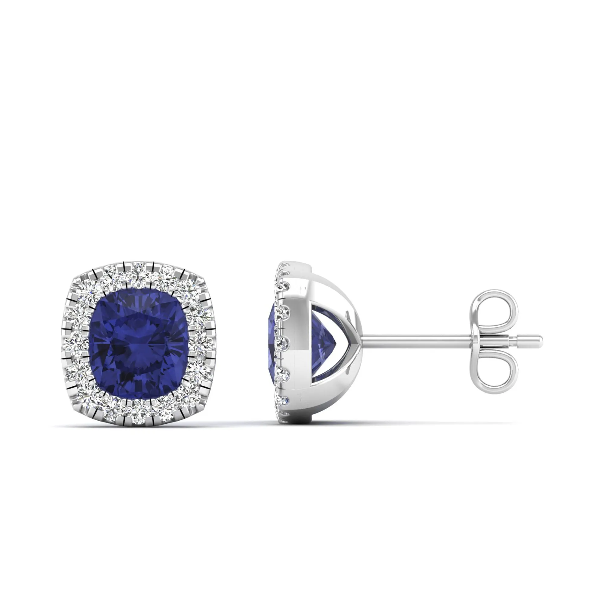 Cushion Tanzanite with Halo Diamond Stud Earrings