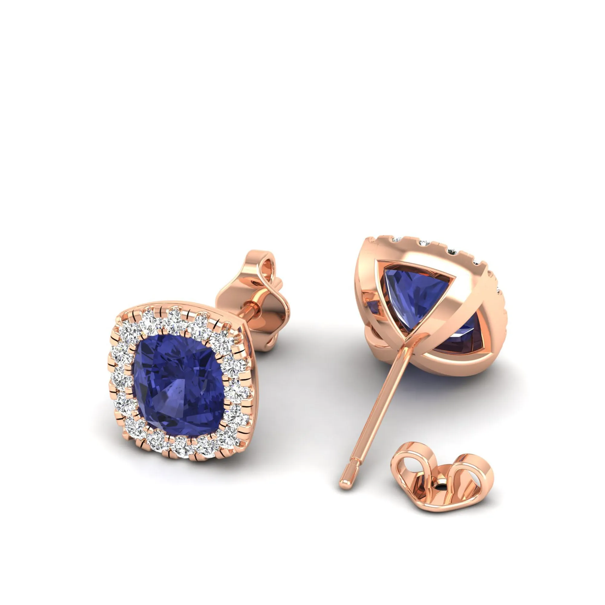 Cushion Tanzanite with Halo Diamond Stud Earrings