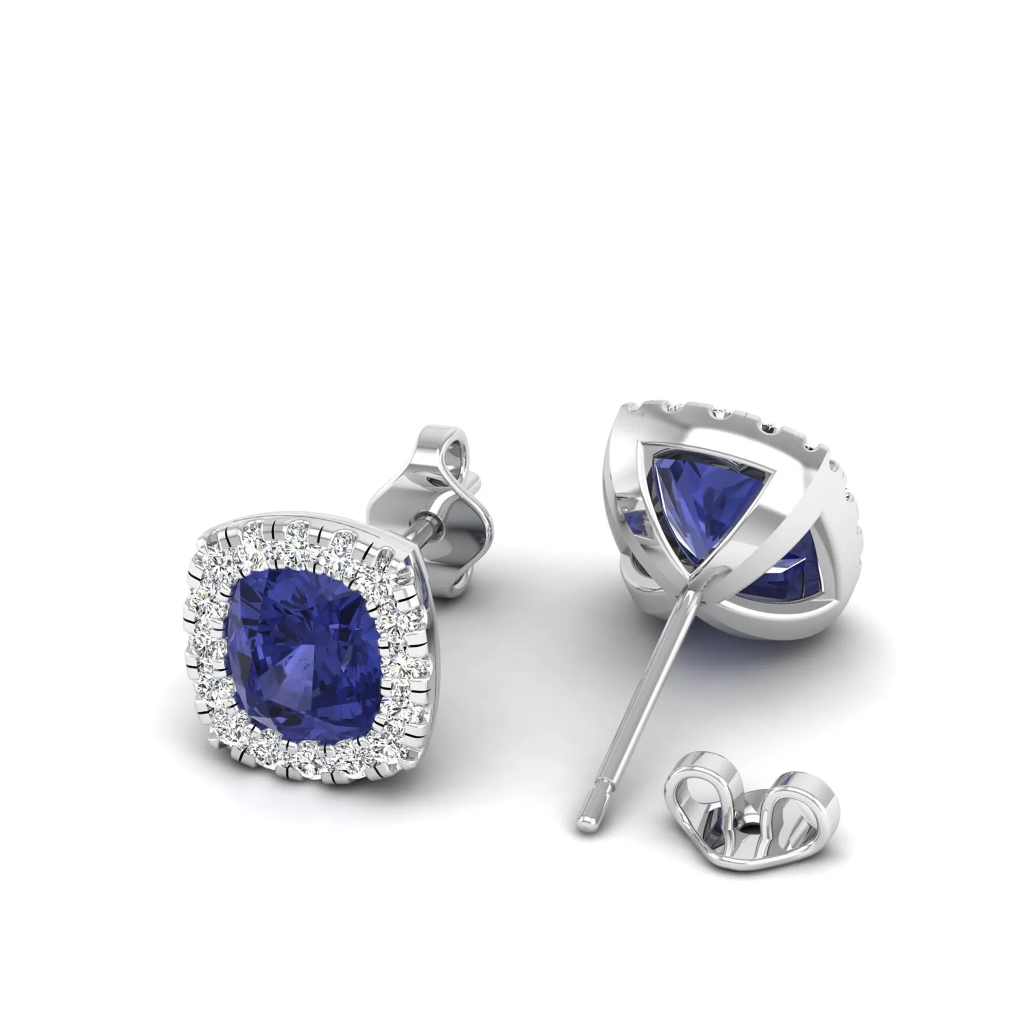 Cushion Tanzanite with Halo Diamond Stud Earrings