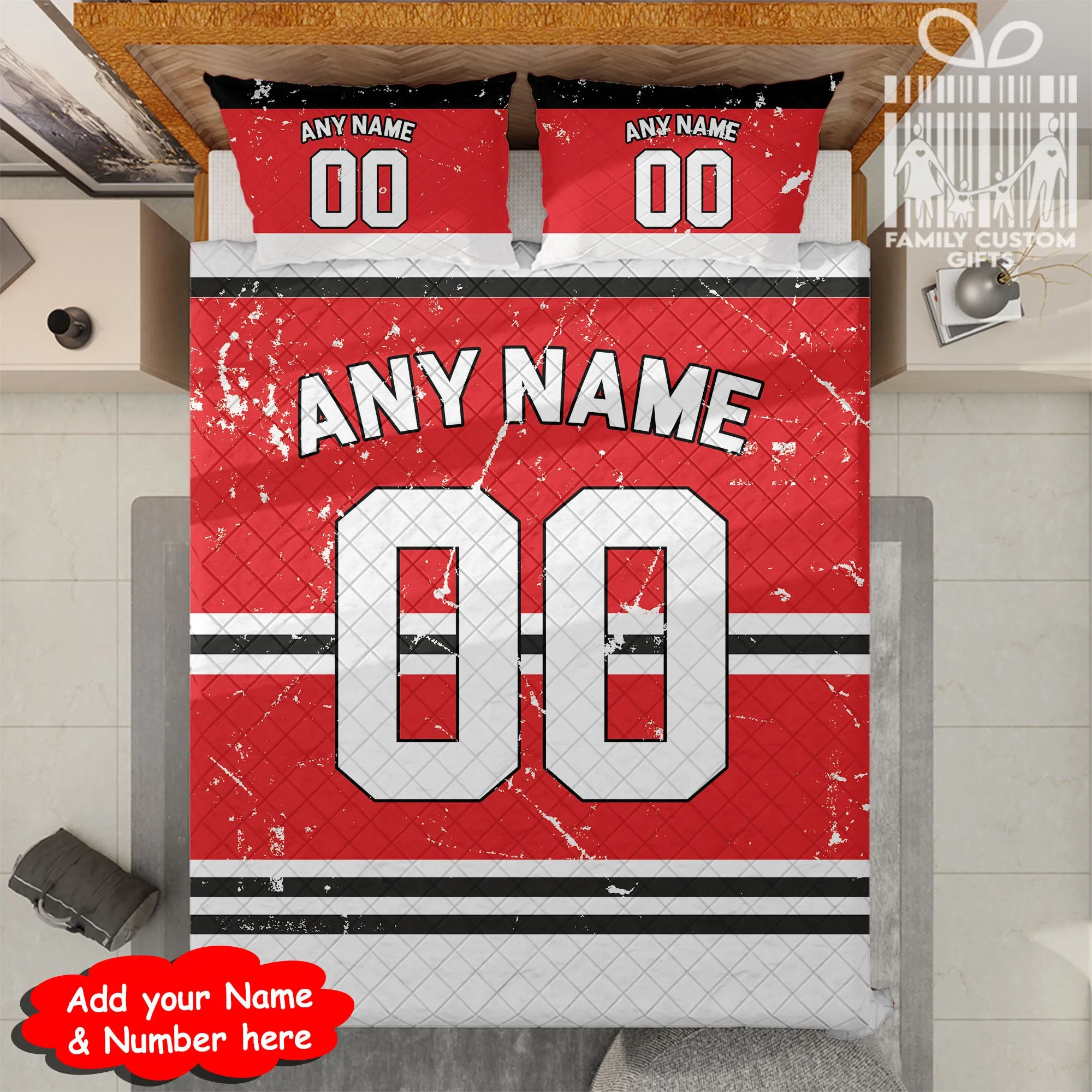 Custom Quilt Sets Chicago Jersey Personalized Ice hockey Premium Quilt Bedding for Men Women