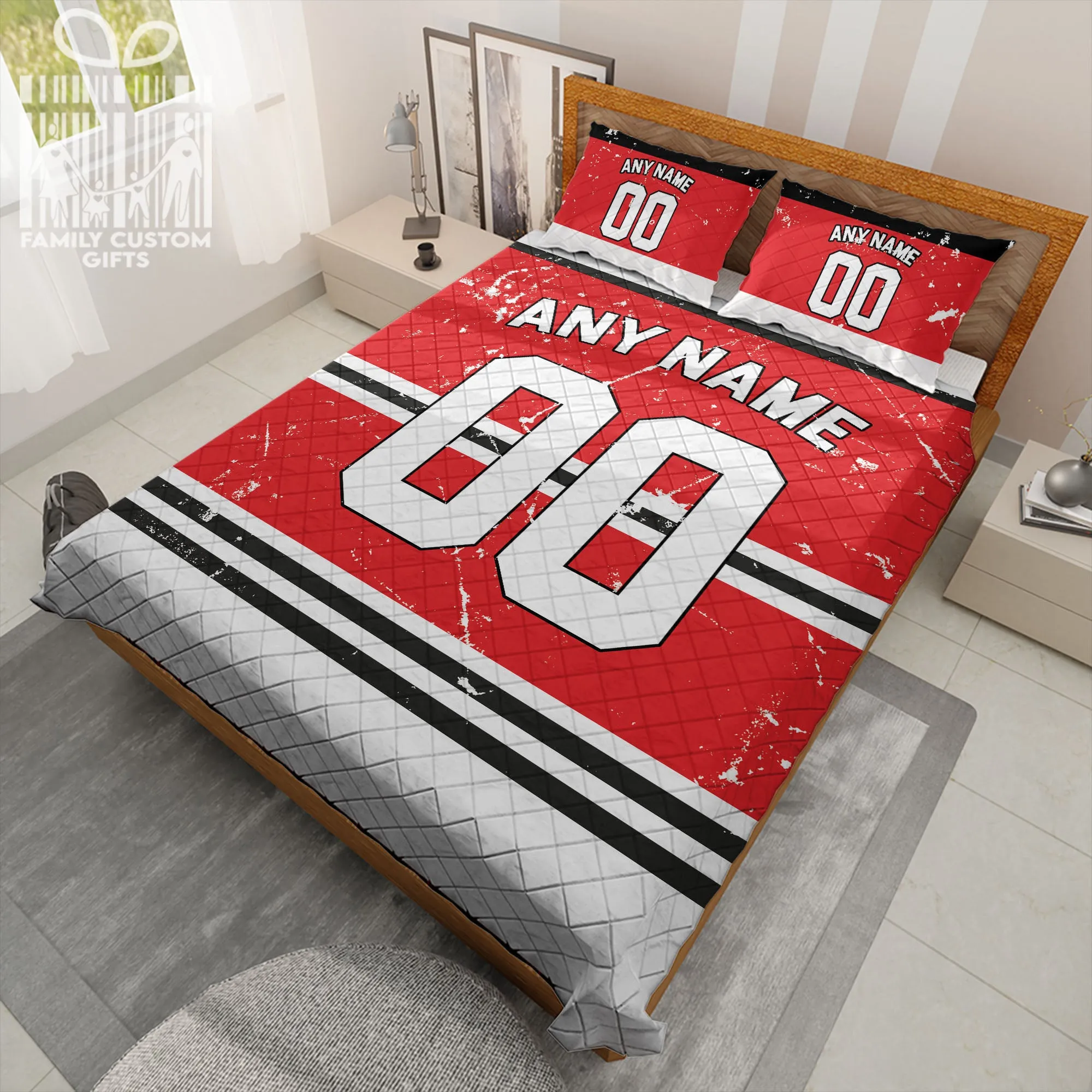 Custom Quilt Sets Chicago Jersey Personalized Ice hockey Premium Quilt Bedding for Men Women