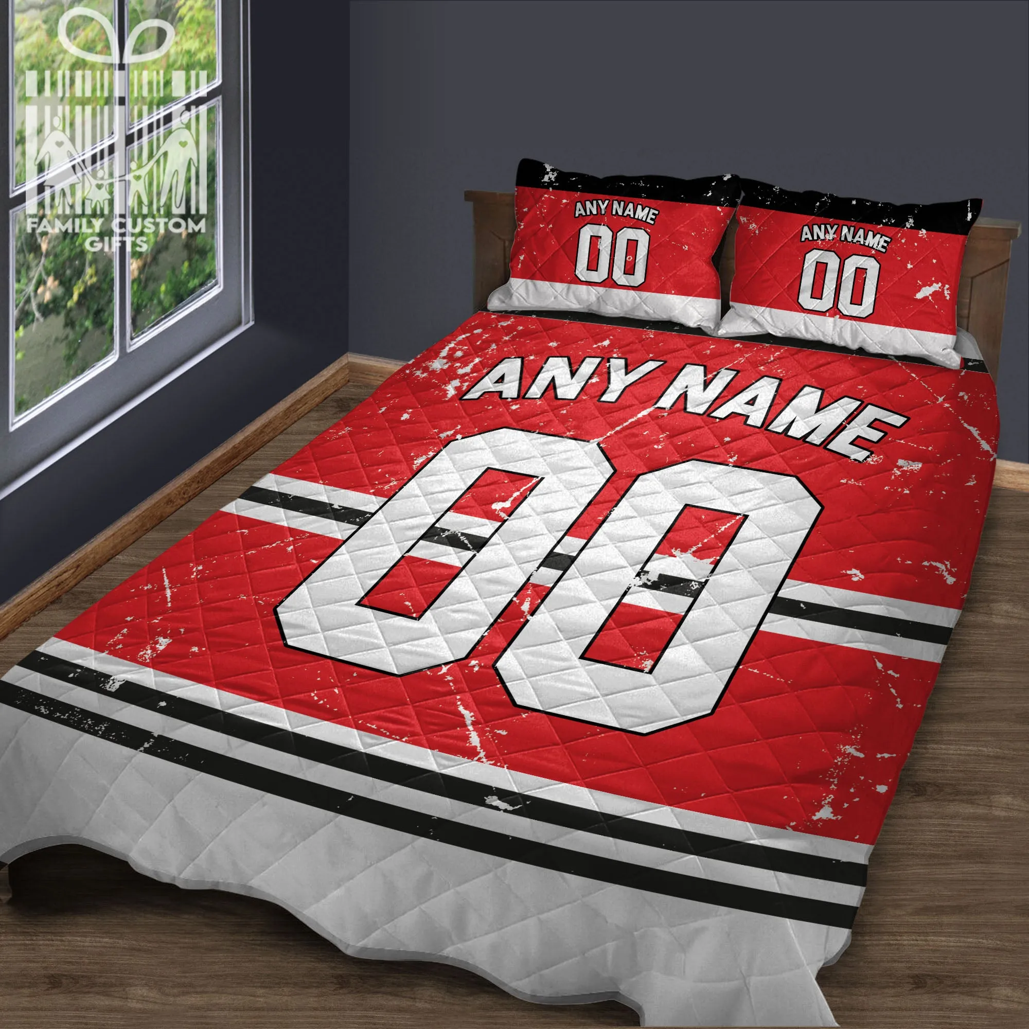 Custom Quilt Sets Chicago Jersey Personalized Ice hockey Premium Quilt Bedding for Men Women