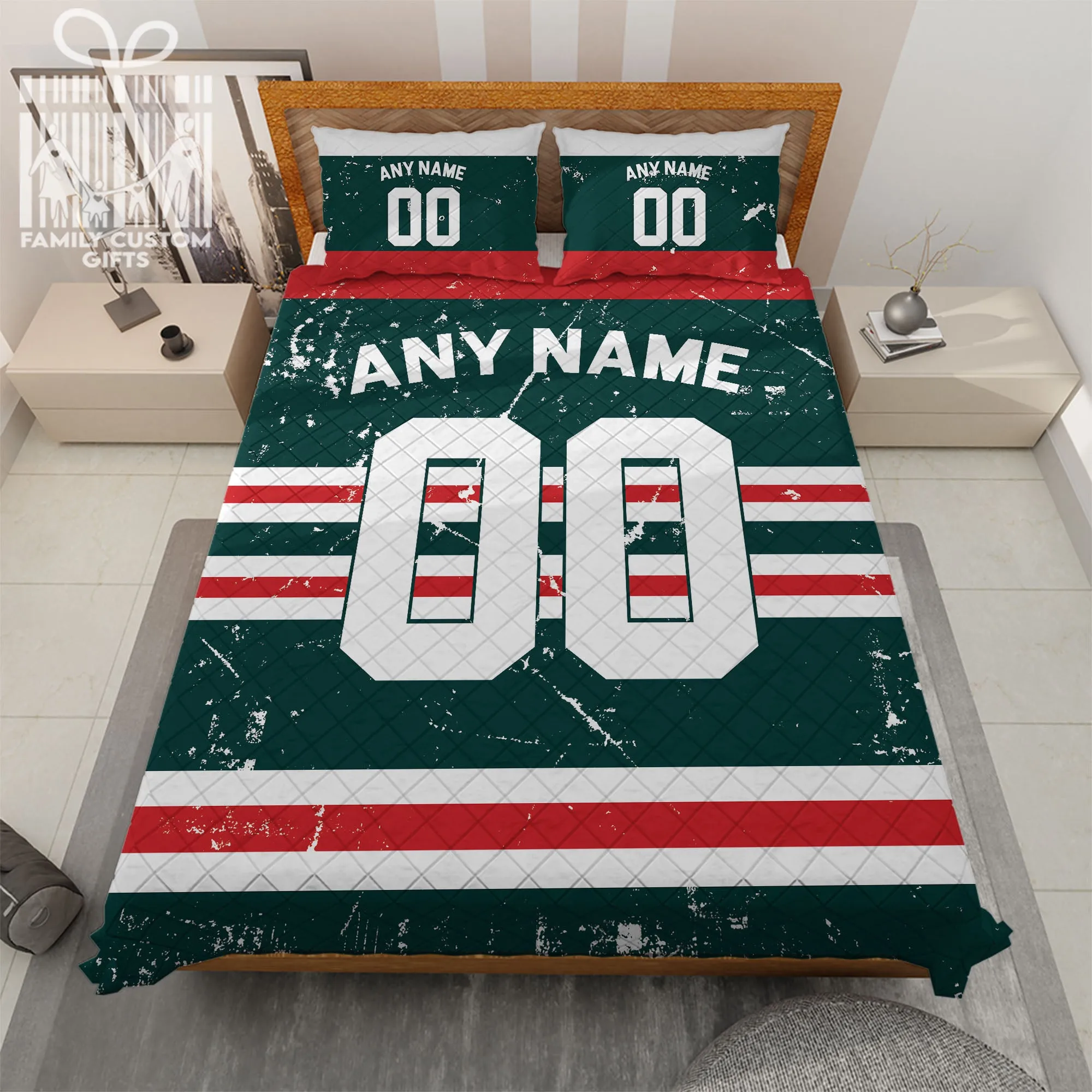 Custom Quilt Sets Minnesota Jersey Personalized Ice hockey Premium Quilt Bedding for Men Women