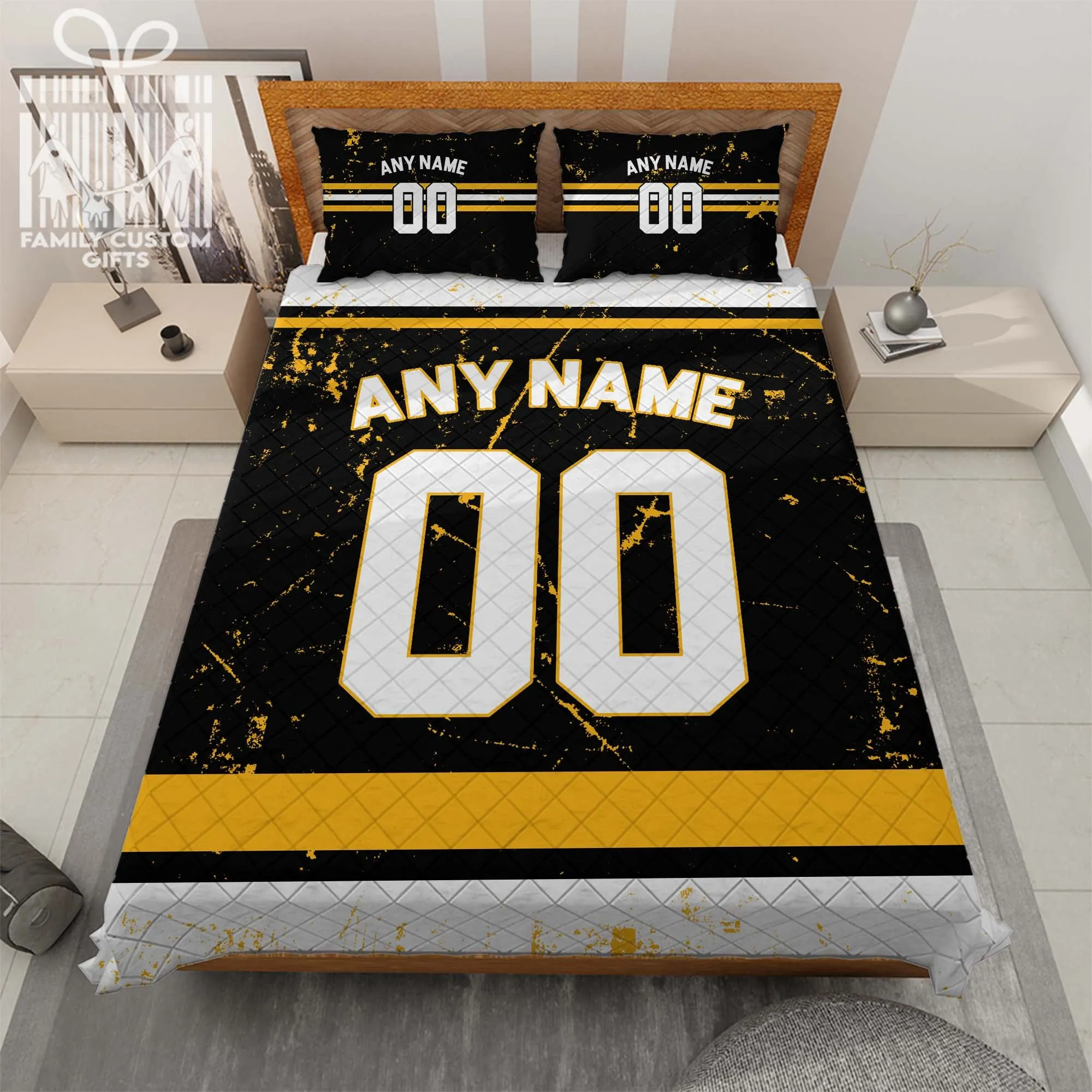 Custom Quilt Sets Pittsburgh Jersey Personalized Ice hockey Premium Quilt Bedding for Men Women