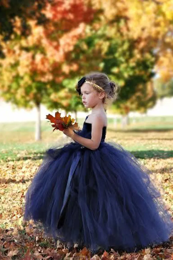 Cute Navy Blue Tulle Ball Gown One Shoulder Flower Girl Dresses, SF23