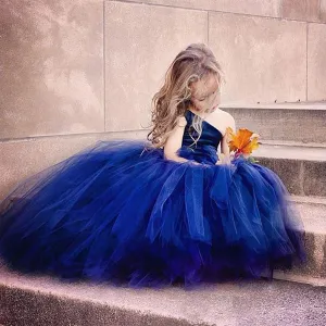 Cute Navy Blue Tulle Ball Gown One Shoulder Flower Girl Dresses, SF23