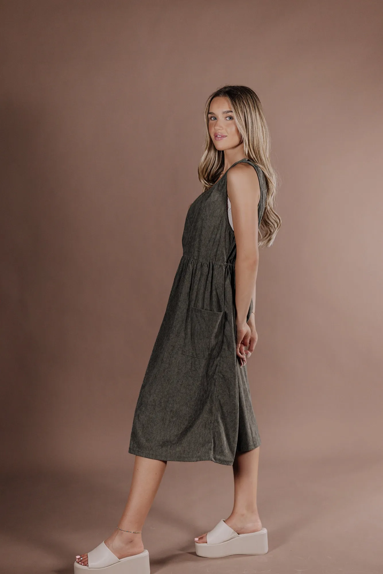 Dakota Overall Dress in Olive
