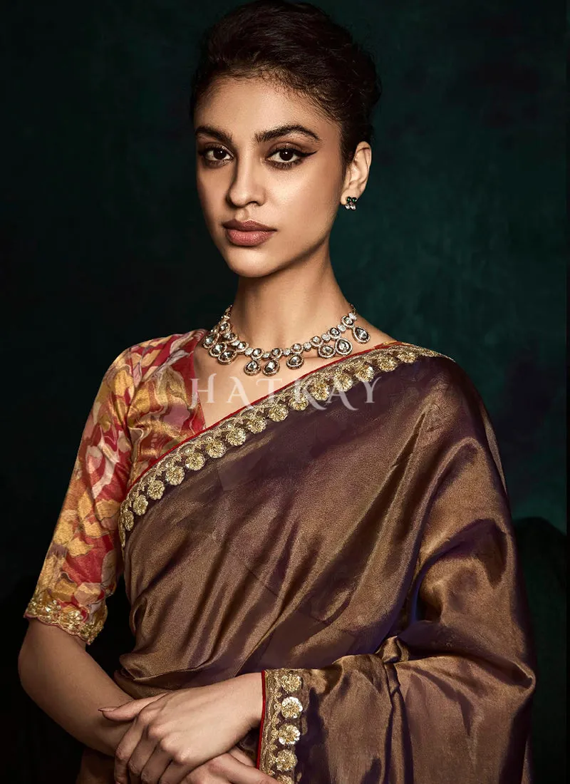 Dark Brown And Red Handwork Tissue Silk Saree