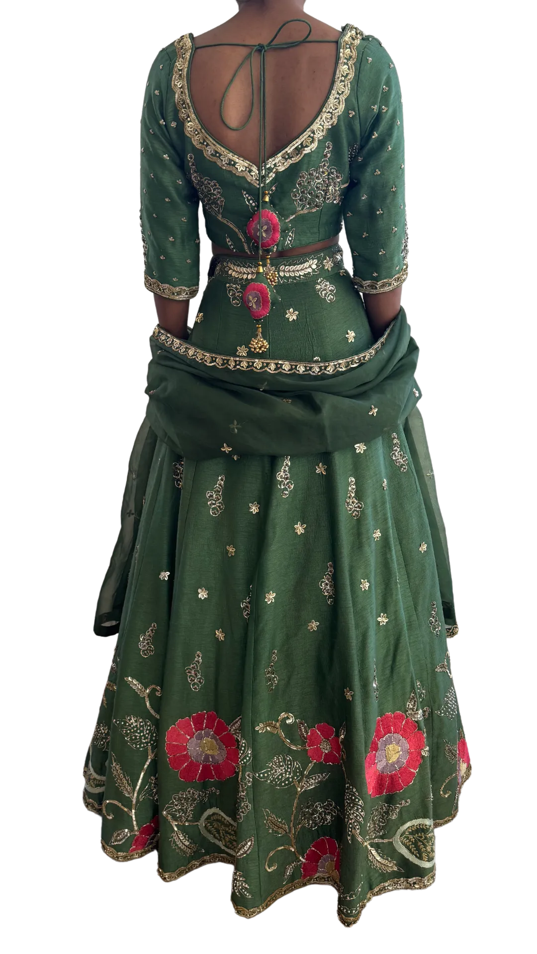 Dark Green Floral & Gold Embellished Lehenga