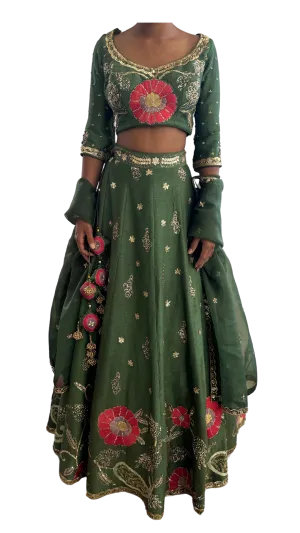 Dark Green Floral & Gold Embellished Lehenga