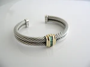 David Yurman Silver 14K Gold Green Quartz Wide Classic Cable Cuff Bracelet Gift