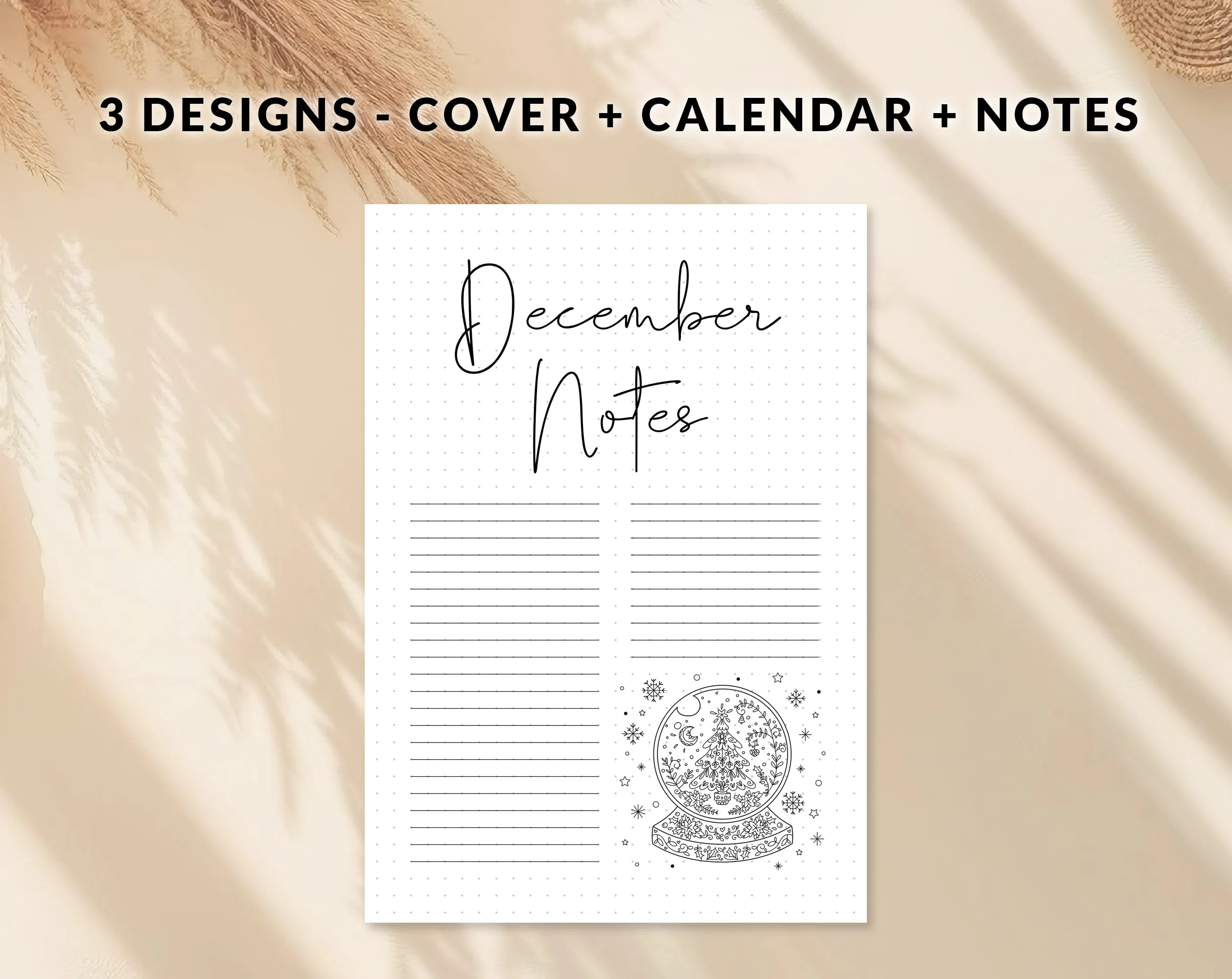 December Journal Cover Calendar and Notes Pages Set