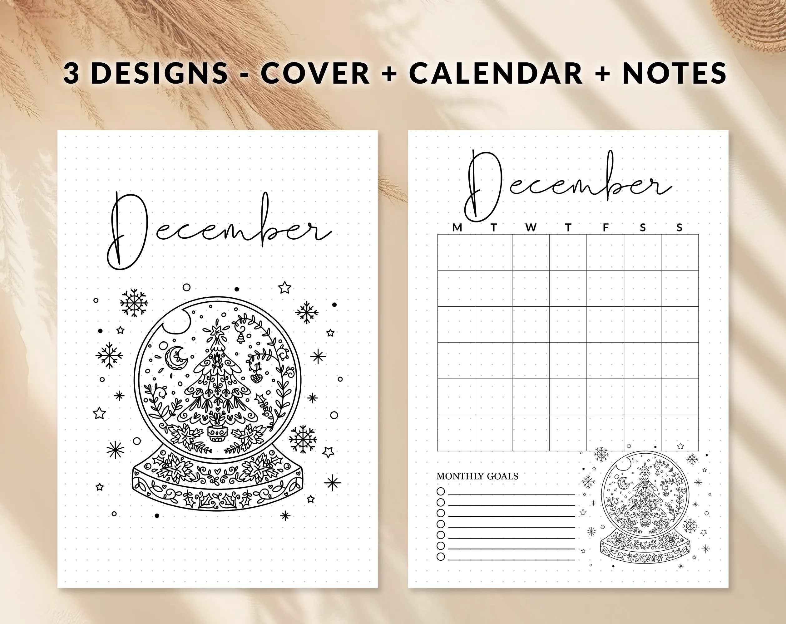December Journal Cover Calendar and Notes Pages Set