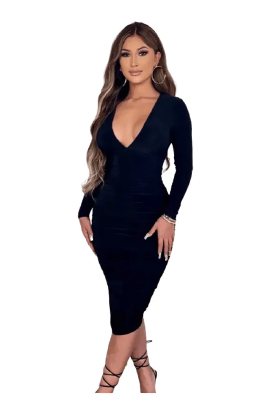 Deep Cut Dress With Shirred Skirt