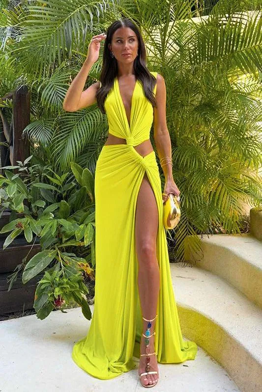 Deep V Hollow Slit Slim Long Dress