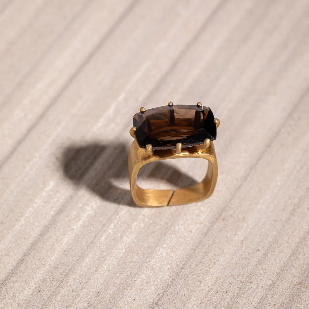 Demi Fine Jewelry-14k Gold Plated-Ring-Smoky Quartz Square Geo Recycled Sterling Silver-R38/23-Fashion Edit Unbent