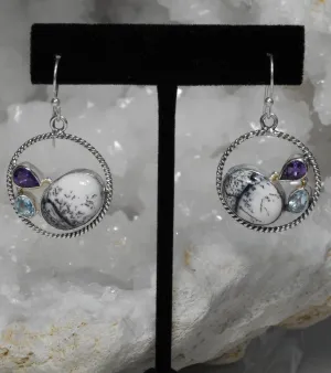 Dendritic Opal Hoop Earring Set 2 with Amethyst Quartz and Blue Topaz