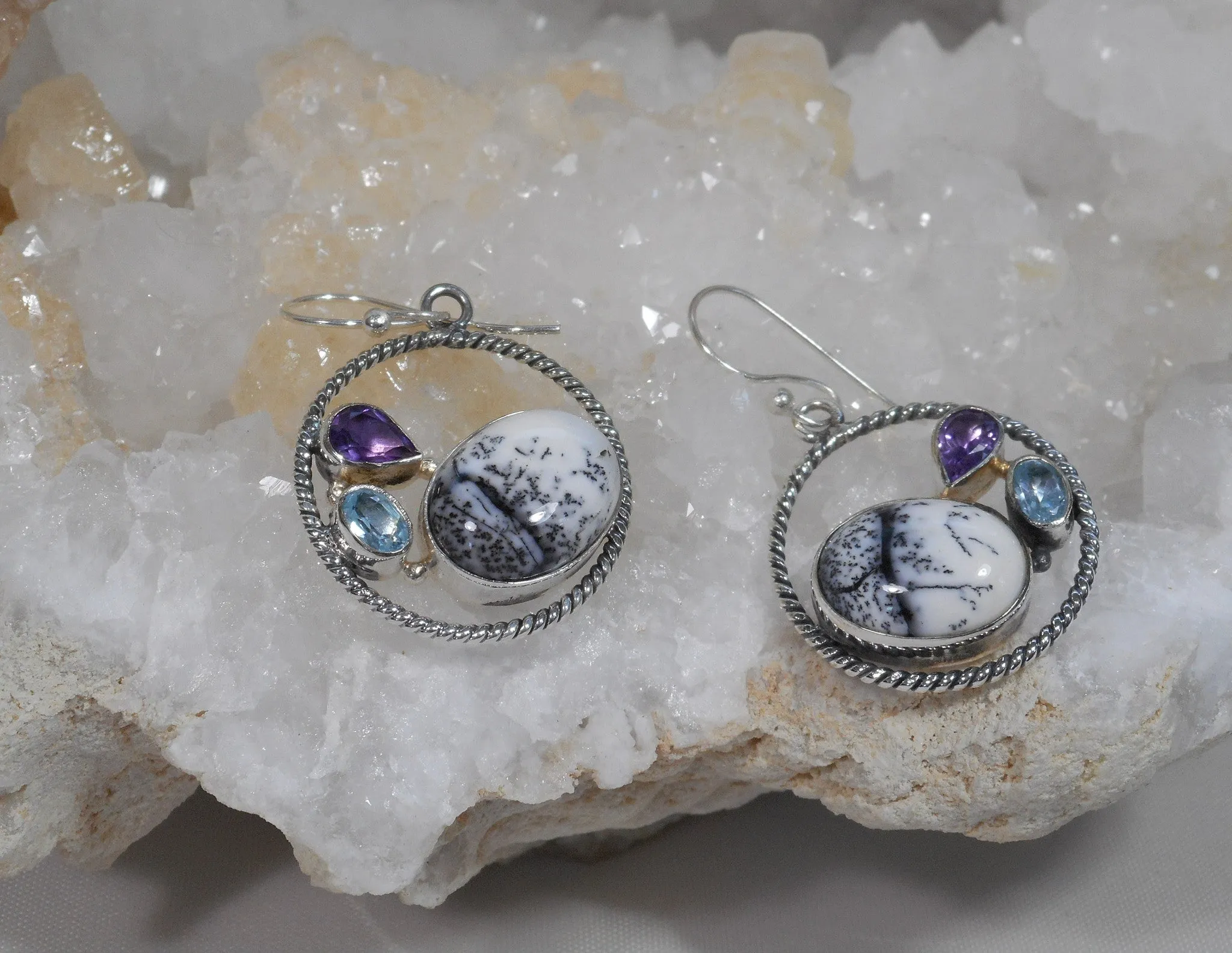 Dendritic Opal Hoop Earring Set 2 with Amethyst Quartz and Blue Topaz