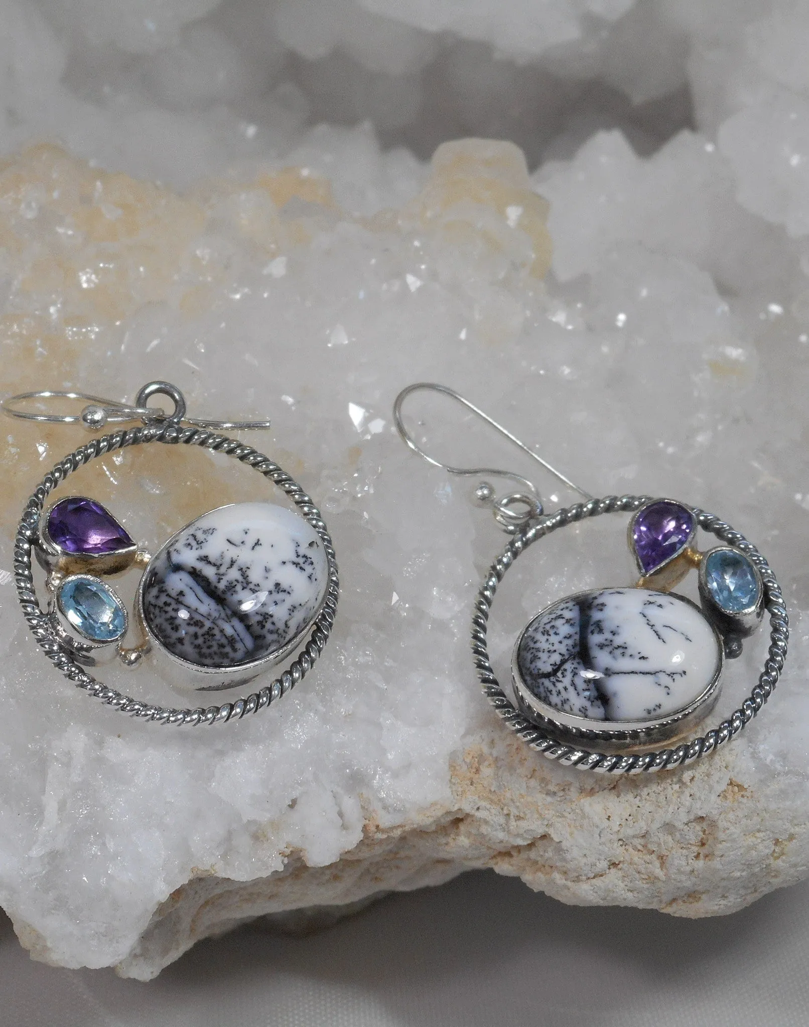 Dendritic Opal Hoop Earring Set 2 with Amethyst Quartz and Blue Topaz