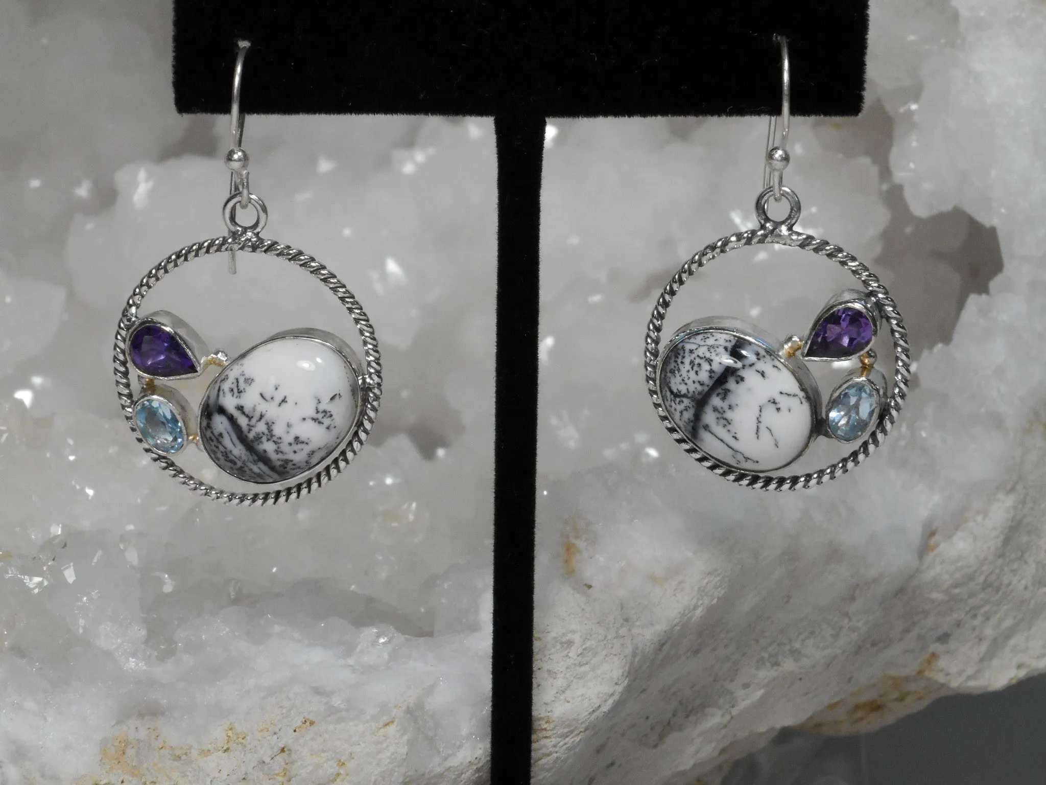Dendritic Opal Hoop Earring Set 2 with Amethyst Quartz and Blue Topaz